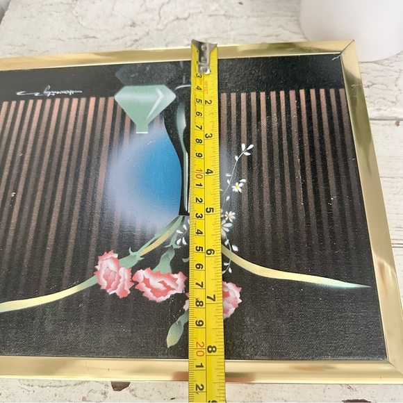 Vintage Airbrush Art Floral Vase Painting Gold Frame Carnation Flower Wall Hang - Picture 9 of 10
